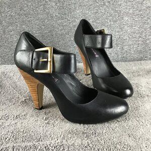 Steven by Steve Madden Leather Gold Buckle Platform Maryjane Heels Sz 8.5M Black